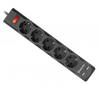 Сетевой фильтр 5 евро-розеток 3.0 м; Defender DFS 753; 2xUSB; Black