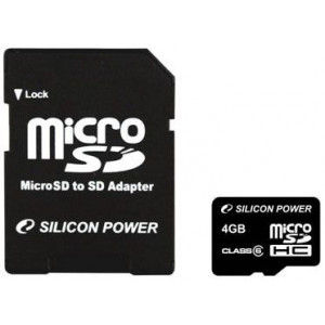 Карта памяти micro SDHC 4Gb Silicon Power; Class 6; with SD adapter (SP004GBSTH006V10-SP)