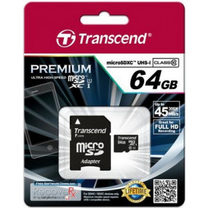 Карта памяти micro SDXC 64Gb Transcend; Class 10 UHS-I Premium 300X; With SD-adapter (TS64GUSDU1)