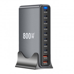 USB зарядная станция 2USB-A/8USB-C/800W/QC3.0/ Black