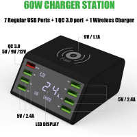  USB зарядная станция беспроводная  8USB/65W/QC3.0/ Black